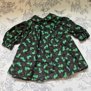 VTG 80s Girls 2T Holiday Christmas Dress Handmade Green Red Holly Berry Collar